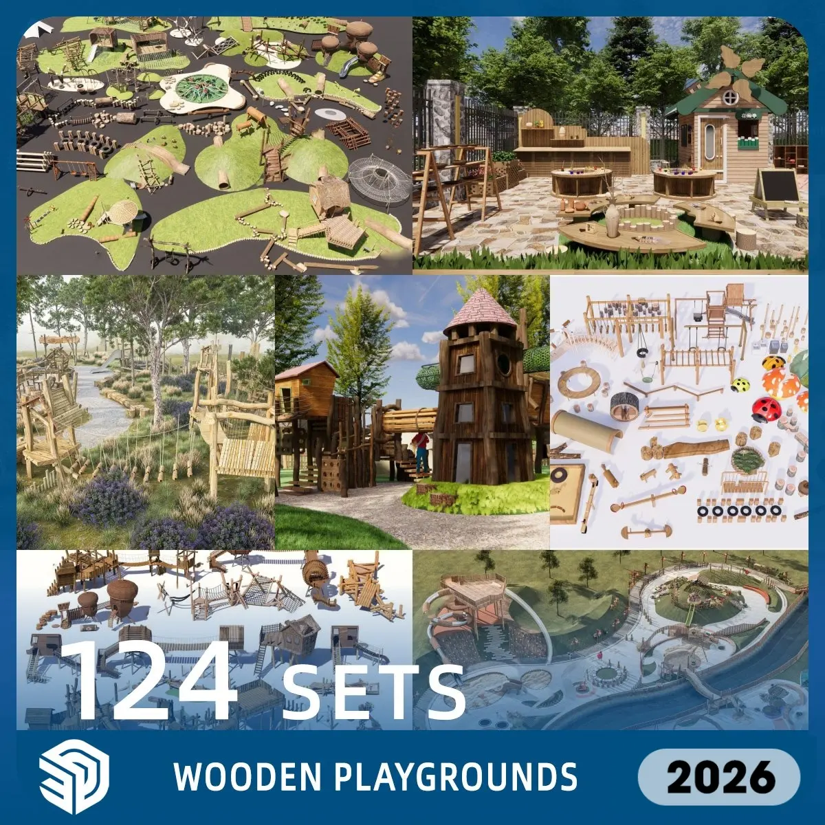 Wooden Playgrounds SKP SketchUp Models Download- 124 Sets| IDSU3121