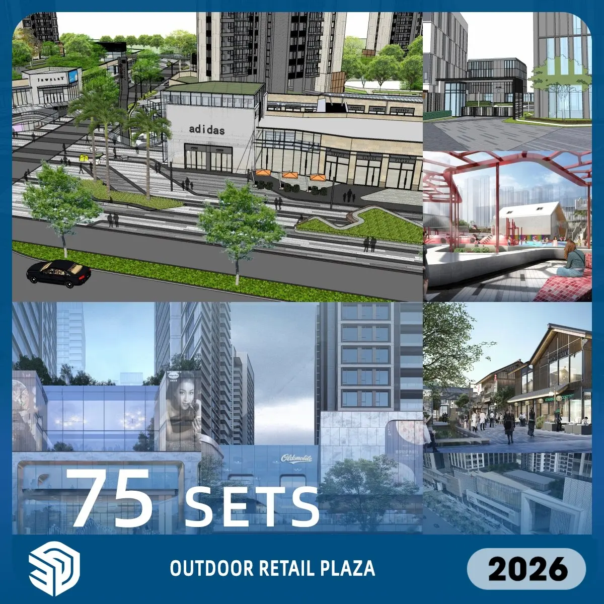 Outdoor Retail Plaza & Lifestyle Center SketchUp SKP Models Download- 75 Sets| IDSU3024
