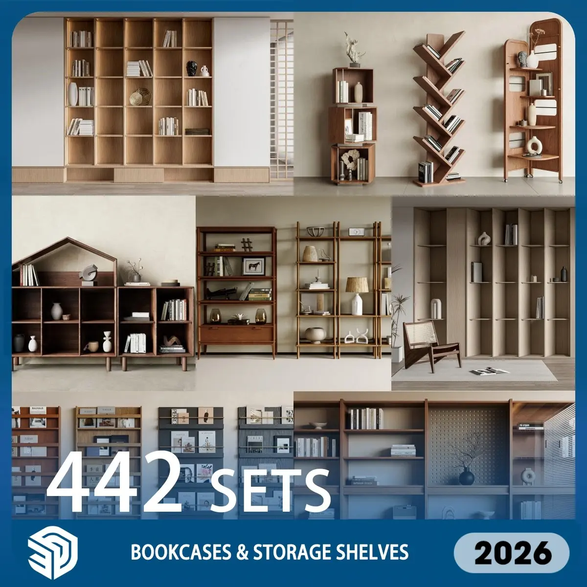 Bookcases & Storage Shelves SketchUp Models - 442 Sets of Home Library & Organization SKP Files | ID390