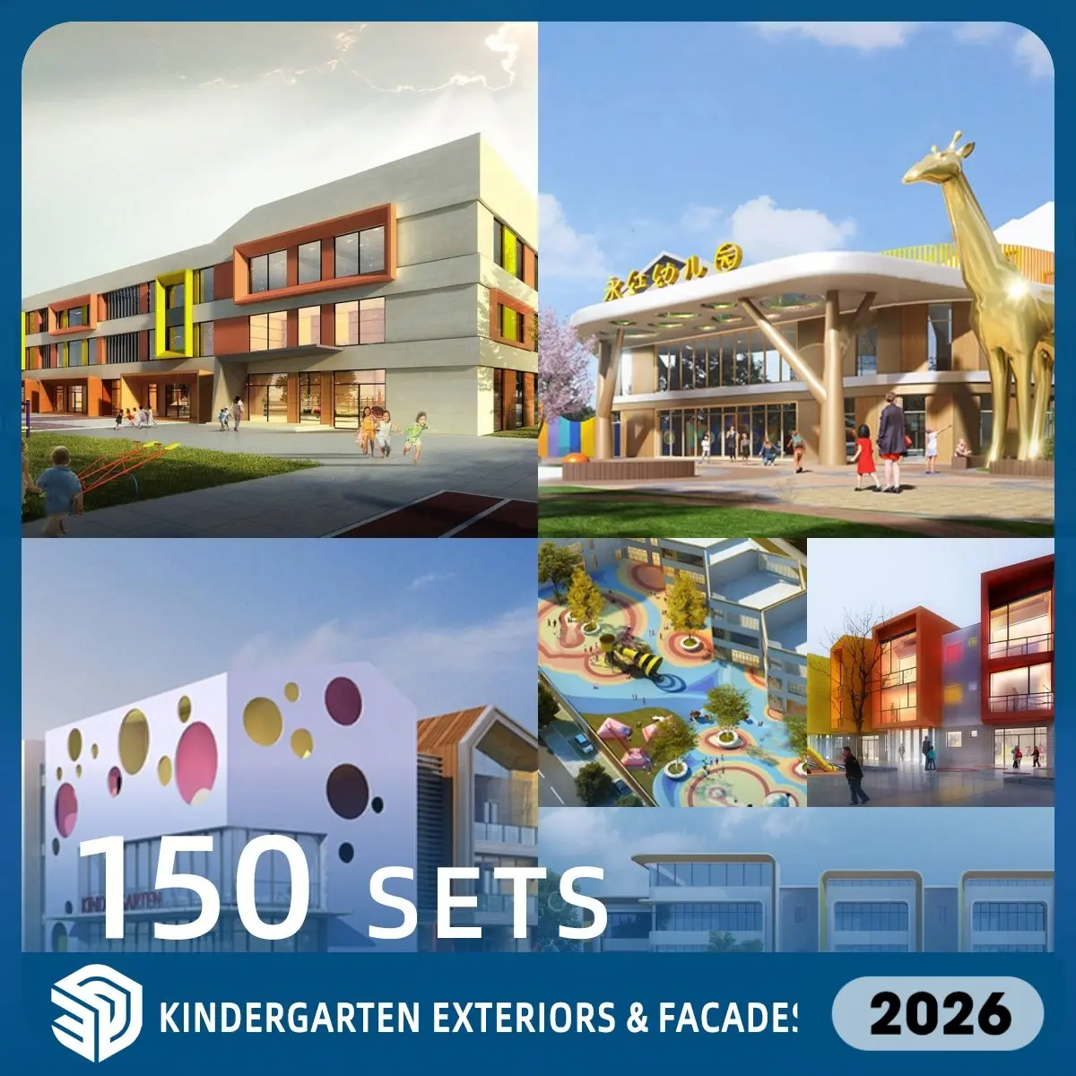 Kindergarten Building Exteriors & Facades Pack SketchUp SKP Models Download - 150 Sets| IDS561