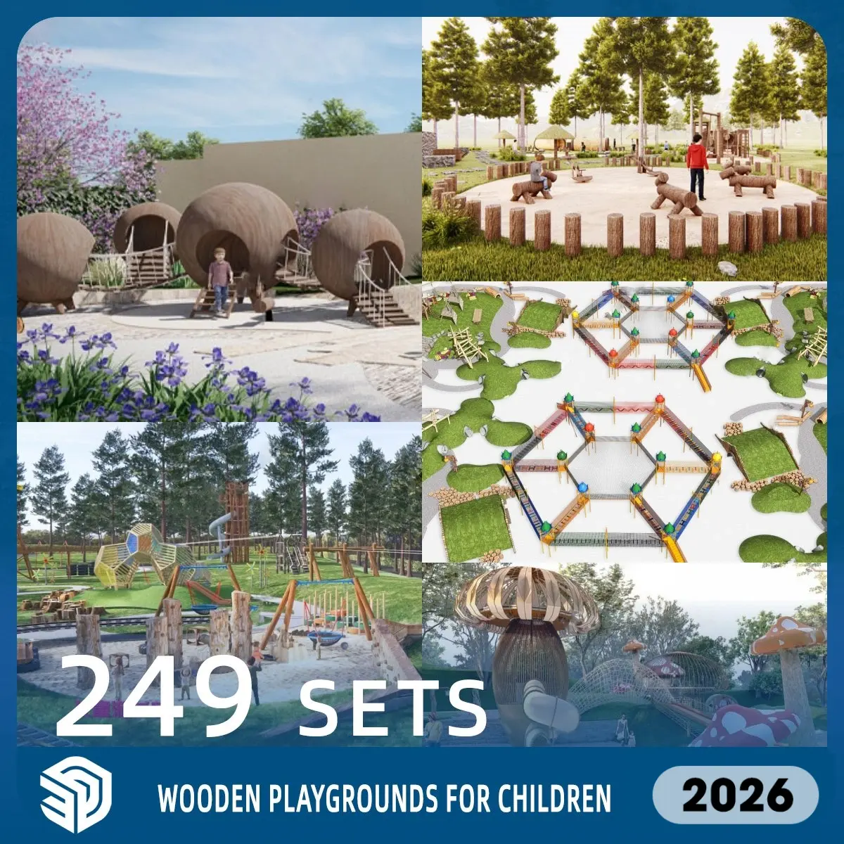 Natural Wooden Playgrounds for Children Pack SketchUp SKP Models Download- 249 Sets| ID750