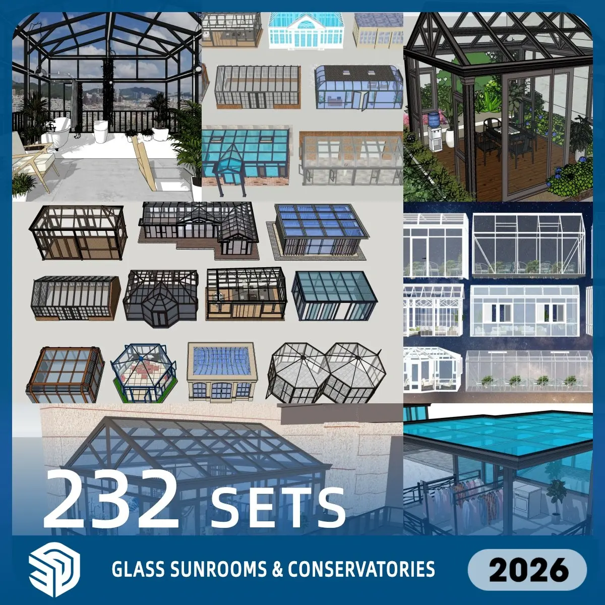 Glass Sunrooms & Conservatories SketchUp SKP Models Download- 232 Sets| IDSU051