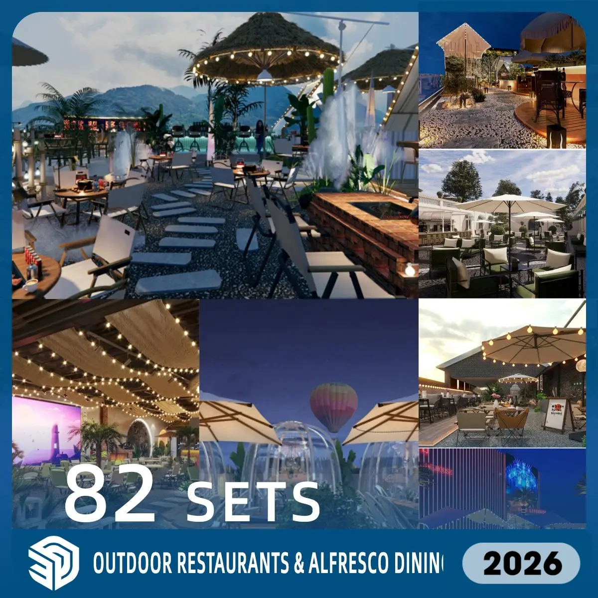 Outdoor Restaurants & Alfresco Dining SketchUp SKP Models Download- 82 Sets| IDSU3070