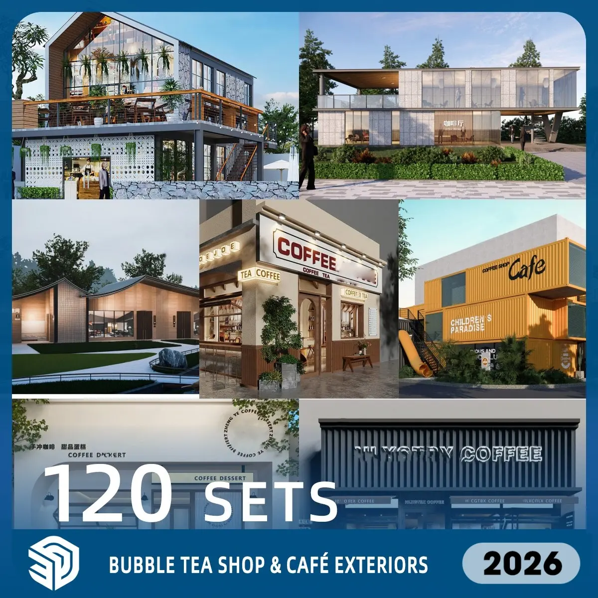 Bubble Tea Shop & Café Exteriors SketchUp SKP Models Download- 120 Sets| IDS694