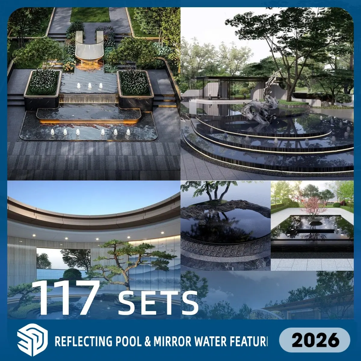 Reflecting Pool & Mirror Water Feature SketchUp SKP Models Download - 117 Sets| IDS1574