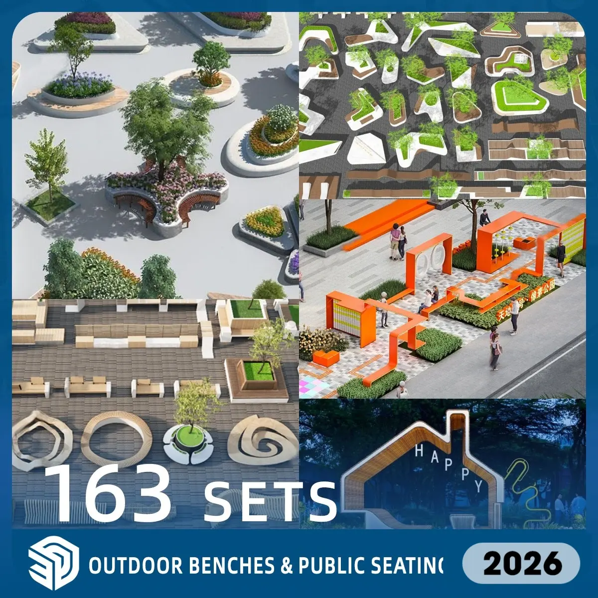 Outdoor Benches & Public Seating Pack SketchUp SKP Models Download- 163 Sets| IDS1129
